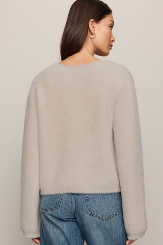 Z Supply Winterglow Fluffy Cardigan in Frosted Pearl featuring a soft beige knit, crew neckline, button front, and long sleeves.