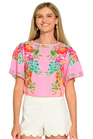 Pink floral satin waist-length top with short sleeves by Elizabeth James