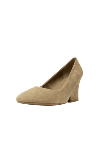 Cecelia New York Nubia Heel in Sand with suede upper, round toe, slip-on pump silhouette, and sculptural wedge heel.