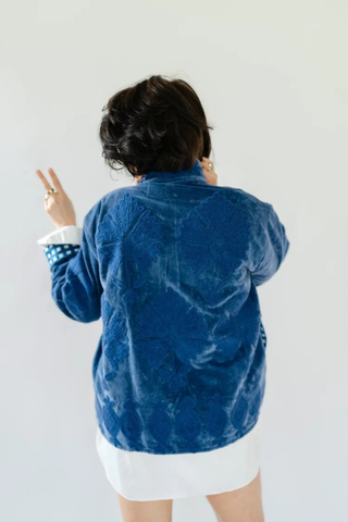 Eleanor James Brand Sgt. Pepper Crew Jacket in Midnight Rider featuring green velvet with navy hand-finished Suzani embroidery.