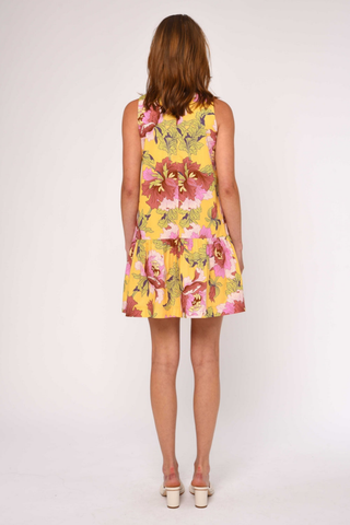 Love the Label Jasmyn Mini Dress Modern Dandy Liberty Print yellow floral sleeveless mini dress with drop waist and flounced hem
