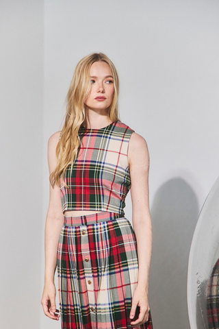 Hunter Bell Royce Top in Kensington Plaid Crimson featuring a cropped sleeveless silhouette, multicolor plaid pattern, and velvet bow details at the back.