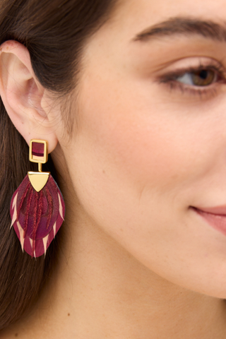 Brackish Diana Drop Earrings featuring rich burgundy goose, peacock, and rooster feathers with elegant 18k gold-plated hardware.
