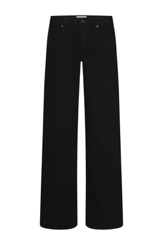 FRAME The Gray Jean in Black featuring a low-rise waist, relaxed fit, full-length leg, and wide bootcut silhouette.