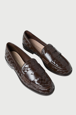 Loeffler Randall Rachel Woven Loafer in espresso brown woven Italian leather with a round toe and low stacked heel.