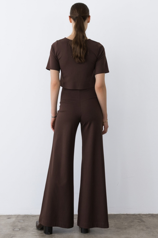 Ripley Rader Wide Leg Pant in Chocolate featuring a high-rise waist, rich brown ponte knit, and long flowing wide-leg silhouette.