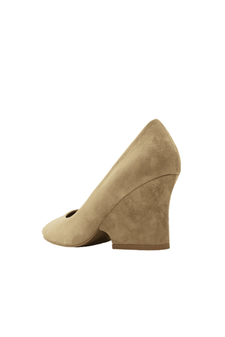 Cecelia New York Nubia Heel in Sand with suede upper, round toe, slip-on pump silhouette, and sculptural wedge heel.