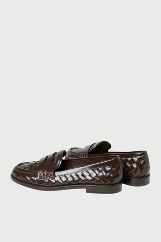 Loeffler Randall Rachel Woven Loafer in espresso brown woven Italian leather with a round toe and low stacked heel.