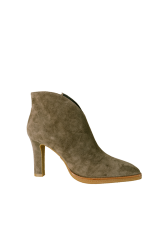 Lola Cruz Lure Bootie in Truffle, a textured taupe brown ankle boot with a pointed toe and slim heel.