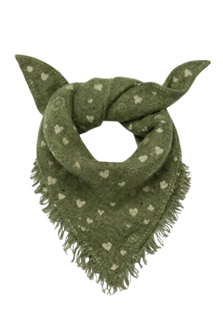 Kerri Rosenthal Cashmere Bandana in Dark Sage featuring soft green featherweight cashmere, Imperfect Hearts artwork, and fringe trim.
