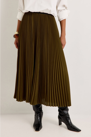 Marie Oliver Wesley Skirt in Juniper Green featuring a pleated A-line maxi silhouette and contrasting black waistband.