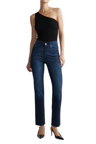 DL1961 Halle Straight Jean in Mediterranean featuring a high-rise straight-leg silhouette in a beige-tinted dark indigo wash.
