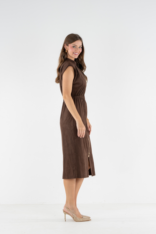 Emily McCarthy May Dress in Fudge, a brown short sleeve midi shirtdress with a collared neckline, button front, and tie waist.