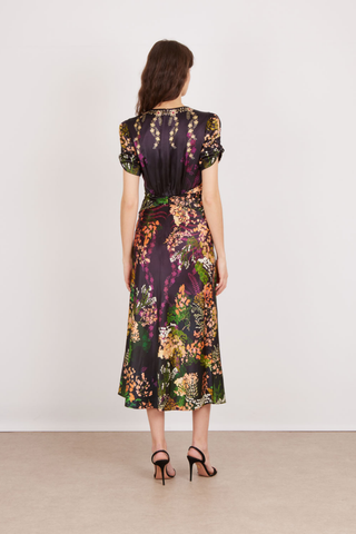 SALONI Fleur Dress in Aquarelle featuring a multicolor floral print, short flutter sleeves, defined waist, and midi-length skirt.