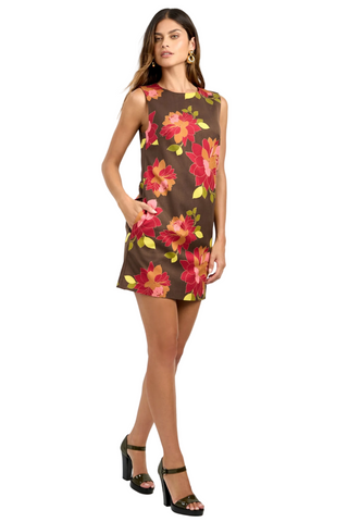 Trina Turk Tahlia 2 Dress in Multi featuring a bold pink, red, and green floral print on a deep brown sleeveless mini silhouette.