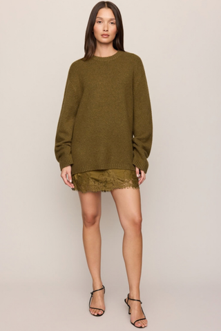 Z Supply Chill Mode Sweater in Golden Sage featuring a relaxed crewneck silhouette, dropped shoulders, and soft fluffy knit.