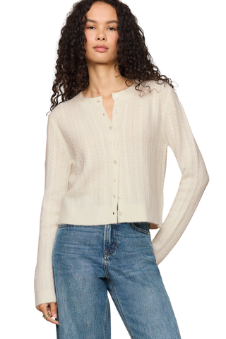 Z Supply Medina Pointelle Cardigan in Cloud featuring a delicate textured knit, crew neckline, long sleeves, and button-front closure.