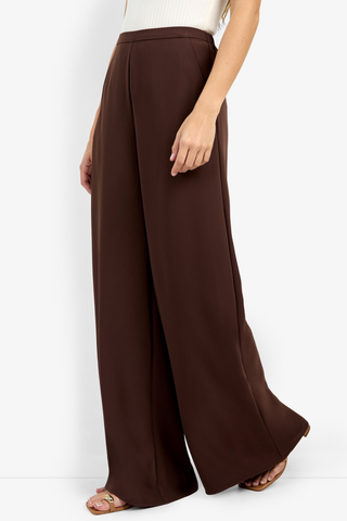 Brown wide-leg pants worn by a person on a white background