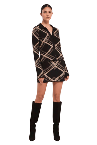 Misa Orlie Skirt in Plaid featuring black and cream plaid jacquard in a chic A-line mini silhouette.
