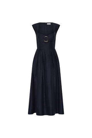 Rebecca Vallance Serenity Midi Dress in navy with sweetheart neckline, front cut out, cap sleeves, and full midi skirt