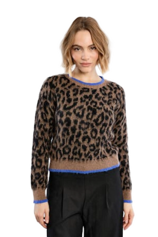 Molly Bracken Knitted Sweater in brown and black leopard print with contrasting blue trim.