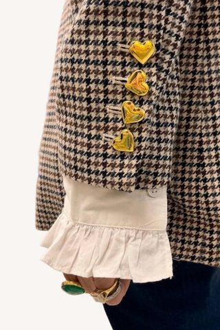 Kerri Rosenthal Mr. Frenchie Blazer in multi houndstooth featuring a double-breasted silhouette, heart buttons, and tailored fit.