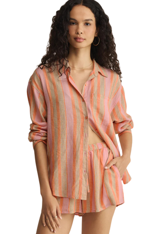 Z Supply The Perfect Striped Linen Button Up featuring coral and pink vertical stripes, relaxed fit, chest pocket, and lightweight linen blend fabric