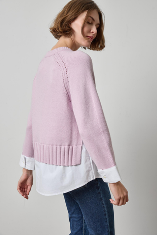 Lilla P Mixed Media Crewneck Sweater in Sugarplum pink featuring a relaxed knit silhouette with layered white poplin shirting.