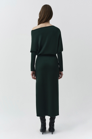SIMKHAI Janese Off Shoulder Midi Dress in deep Everglade green with long sleeves, a fitted waist, and straight midi skirt.