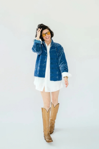 Eleanor James Brand Sgt. Pepper Crew Jacket in Midnight Rider featuring green velvet with navy hand-finished Suzani embroidery.