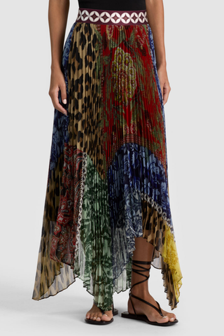 Alice + Olivia Katz Midi Skirt in Off The Grid multicolor print with a contrasting waistband and flowing asymmetrical hem.
