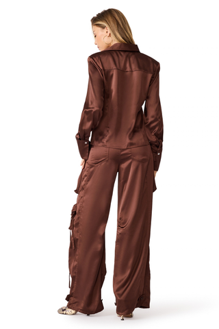 Steve Madden Mare Top in Shaved Chocolate featuring a rich brown finish, collared neckline, button front, and long sleeves.