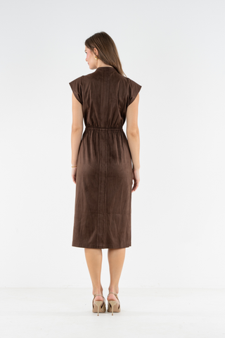 Emily McCarthy May Dress in Fudge, a brown short sleeve midi shirtdress with a collared neckline, button front, and tie waist.