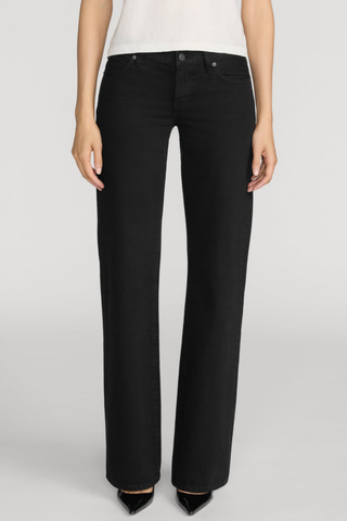 FRAME The Gray Jean in Black featuring a low-rise waist, relaxed fit, full-length leg, and wide bootcut silhouette.