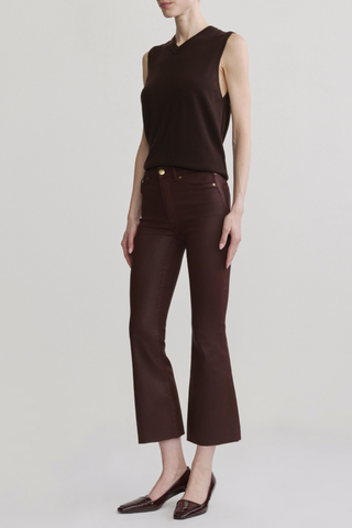 DL1961 Bridget Boot Crop Jean in Vin Rouge Coated featuring a high-rise fit, cropped bootcut leg, rich wine-red coated denim, and gold hardware.