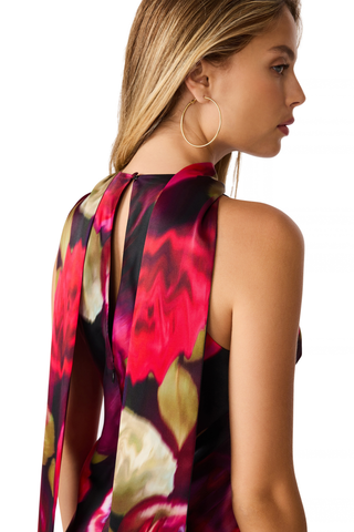 Steve Madden Jaiden Dress in Deco Rose featuring a pink and red floral satin print, halter scarf neckline, cutaway shoulders, and maxi silhouette.