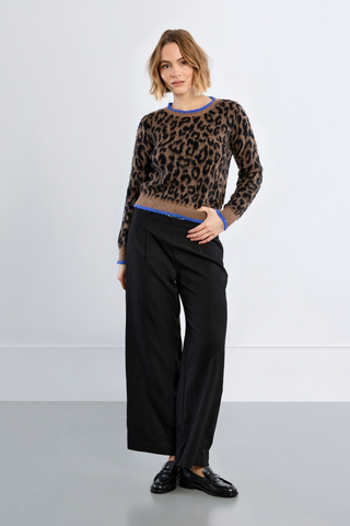 Molly Bracken Knitted Sweater in brown and black leopard print with contrasting blue trim.