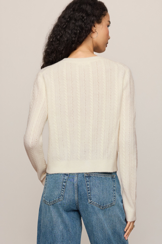 Z Supply Medina Pointelle Cardigan in Cloud featuring a delicate textured knit, crew neckline, long sleeves, and button-front closure.