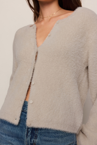 Z Supply Winterglow Fluffy Cardigan in Frosted Pearl featuring a soft beige knit, crew neckline, button front, and long sleeves.