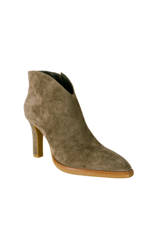 Lola Cruz Lure Bootie in Truffle, a textured taupe brown ankle boot with a pointed toe and slim heel.
