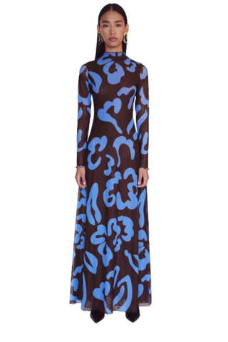 De Loreta Myanmar Dress in Nory Moca featuring a long-sleeve maxi silhouette with a brown and blue abstract print.