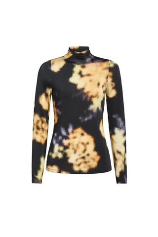 Marie Oliver Eloise Top in Lush featuring a black and yellow abstract floral print, fitted long sleeves, and sleek turtleneck silhouette.