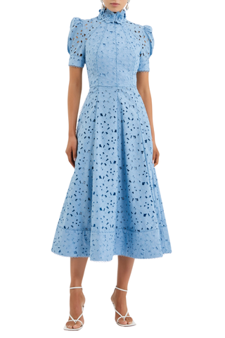 Rebecca Vallance Kitsu Midi Dress in blue broderie anglaise with floral neckline, short sleeves, and full midi skirt