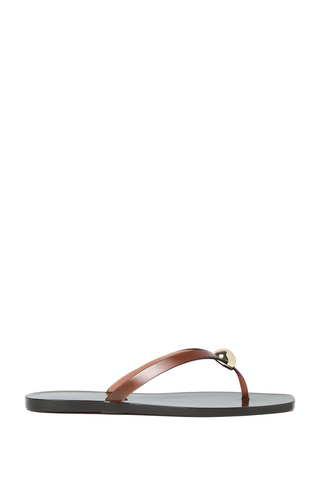 Loeffler Randall Jovie Jelly Flip Flop in brown translucent jelly PVC featuring a square toe, thong sandal silhouette, and signature gold ball detail