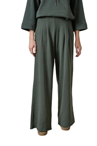 Lilla P Full Length Terry Pant in Mineral green featuring front pleats and a relaxed full-length trouser-inspired silhouette.