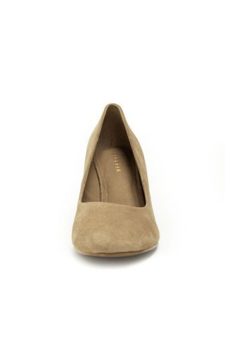Cecelia New York Nubia Heel in Sand with suede upper, round toe, slip-on pump silhouette, and sculptural wedge heel.
