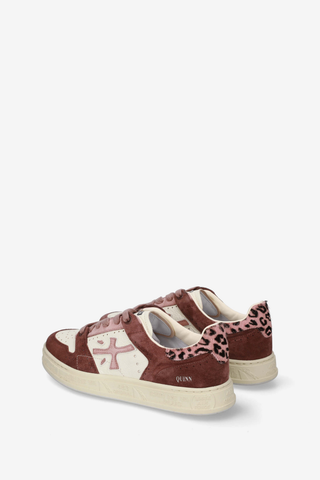 Premiata Quinn-D 8645 Sneaker in pink, white and burgundy with mixed leather panels and a rubber sole.