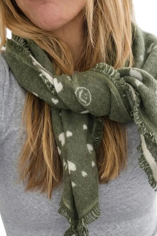 Kerri Rosenthal Cashmere Bandana in Dark Sage featuring soft green featherweight cashmere, Imperfect Hearts artwork, and fringe trim.