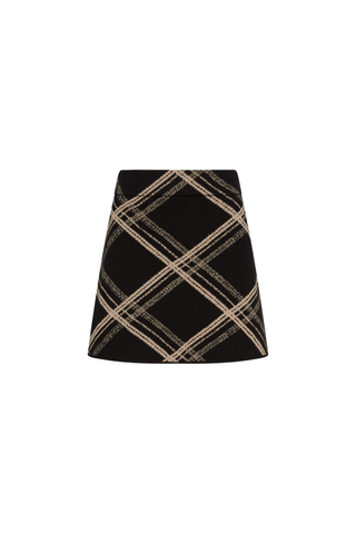 Misa Orlie Skirt in Plaid featuring black and cream plaid jacquard in a chic A-line mini silhouette.