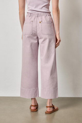 Lavender thistle straight leg ankle pants with elastic back waistband and patch pockets by Lilla P